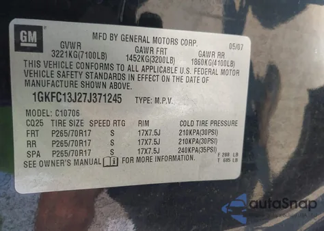 2007 GMC Yukon Slt from USA, damaged, VIN 1GKFC13J27J371245